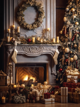 A heartwarming scene of Christmas festivities unfolding in front of a crackling fireplace adorned with stockings and surrounded by beautifully wrapped presents. The warm glow of the fire adds to the holiday cheer, creating a cozy atmosphere perfect for celebrating.の素材