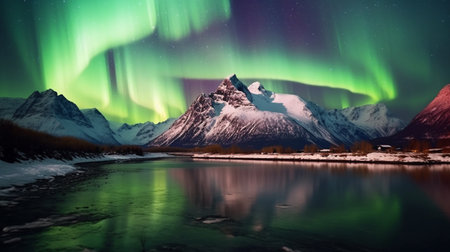 This picturesque scene captures the mesmerizing beauty of the Northern Lights illuminating the night sky above a frozen and frigid lake. The ethereal glow of the aurora borealis creates a breathtaking display that bathes the tranquil winter landscape in vibrant colors.の素材