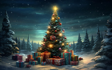This delightful scene captures the essence of the holiday season, featuring a Christmas tree adorned with festive decorations standing tall in the snow. The base of the tree is surrounded by an abundance of beautifully wrapped presents, creating a heartwarming and joyful atmosphere.の素材