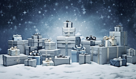 This enchanting scene features blue and winter-themed gift boxes nestled in the snow. The composition draws inspiration from the romantic moonlit seascapes, creating a captivating and dreamy atmosphere. The vibrant stage backdrops add depth and dimension to the visual narrative.の素材