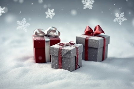 This artistic representation captures the essence of Christmas with beautifully arranged gifts set against a snowy backdrop. The combination of light gray and red hues creates a warm and festive ambiance, making it a perfect depiction of the holiday season.の素材
