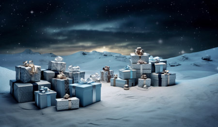 This enchanting scene features blue and winter-themed gift boxes nestled in the snow. The composition draws inspiration from the romantic moonlit seascapes, creating a captivating and dreamy atmosphere. The vibrant stage backdrops add depth and dimension to the visual narrative.の素材