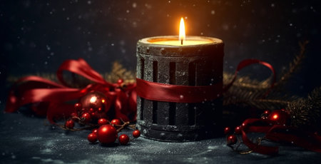 A festive scene featuring a glowing candle surrounded by Christmas decorations and twinkling lights, evoking a warm and cozy holiday atmosphere.の素材