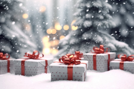This artistic representation captures the essence of Christmas with beautifully arranged gifts set against a snowy backdrop. The combination of light gray and red hues creates a warm and festive ambiance, making it a perfect depiction of the holiday season.の素材