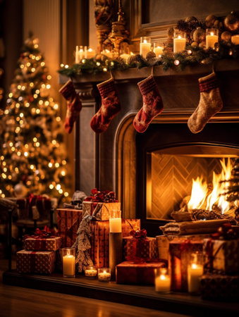 A heartwarming scene of Christmas festivities unfolding in front of a crackling fireplace adorned with stockings and surrounded by beautifully wrapped presents. The warm glow of the fire adds to the holiday cheer, creating a cozy atmosphere perfect for celebrating.の素材