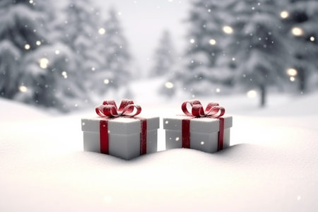 This artistic representation captures the essence of Christmas with beautifully arranged gifts set against a snowy backdrop. The combination of light gray and red hues creates a warm and festive ambiance, making it a perfect depiction of the holiday season.の素材