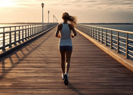 A woman enjoys her outdoor jog on a scenic pier, surrounded by the soothing sights and sounds of the waterfront. She maintains her active and healthy lifestyle while taking in the refreshing sea breeze.の素材