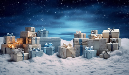 This enchanting scene features blue and winter-themed gift boxes nestled in the snow. The composition draws inspiration from the romantic moonlit seascapes, creating a captivating and dreamy atmosphere. The vibrant stage backdrops add depth and dimension to the visual narrative.の素材