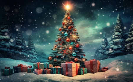 This delightful scene captures the essence of the holiday season, featuring a Christmas tree adorned with festive decorations standing tall in the snow. The base of the tree is surrounded by an abundance of beautifully wrapped presents, creating a heartwarming and joyful atmosphere.の素材