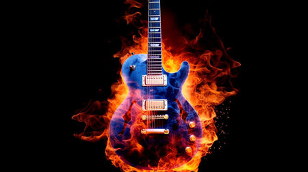 The image showcases a burning electric guitar engulfed in flames and fire, embodying the spirit of rock n' roll. This dynamic and energetic visual is perfect for themes related to music, parties, concerts, festivals, and can serve as an impactful background or cover for advertising and events in the music industry.の素材