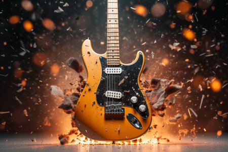 The image features an electric guitar at the center of exploding fragments, capturing the explosive essence of rock n' roll and heavy metal music. This dynamic and powerful visual is perfect for themes related to music, parties, concerts, festivals, and serves as an impactful background for advertising events in the music industry.の素材
