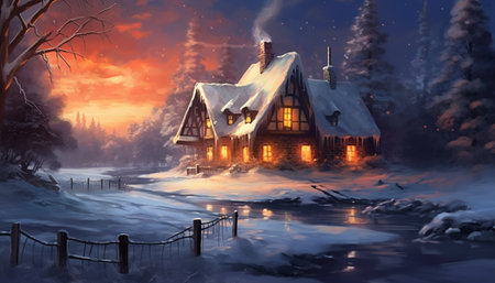 The image depicts a wooden cabin blanketed in snow, set against a backdrop of snow-covered trees, under a sky graced by a wonderful sunset. This scene beautifully merges the rustic charm of a winter cabin with the breathtaking spectacle of a sunset in a snowy landscape.の素材