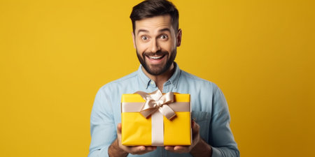 This captivating image portrays a cute young man who is happily surprised, holding a gift in his hands against a vibrant yellow background. His face beams with sheer delight and astonishment as he uncovers the unexpected present.の素材