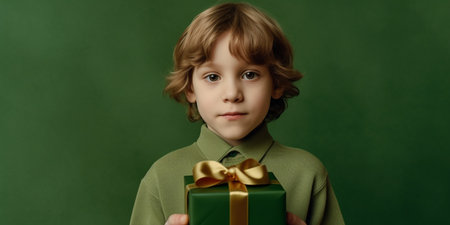 This captivating image showcases the pure delight of a little boy who is happily surprised. Against a vibrant green background, the boy's face lights up with joy as he holds a gift in his hands. His eyes sparkle with wonder and his cheerful smile radiates a sense of pure happiness.の素材
