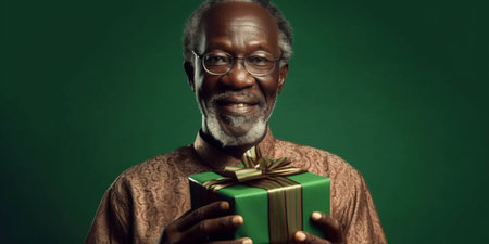 This heartwarming image captures the genuine happiness of a kind-hearted old black man who is happily surprised, clutching a gift in his hands against a vibrant green background. His face lights up with pure delight and astonishment as he unveils the unexpected present.の素材