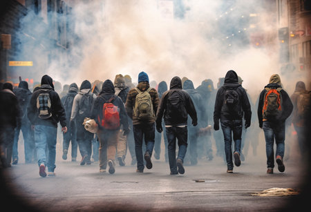 This powerful image captures a group of protesters walking amidst smoke, symbolizing the intensity and impact of their cause. The smoke intoxication adds a sense of urgency and chaos to the scene, reflecting the passion and determination of the demonstrators.の素材