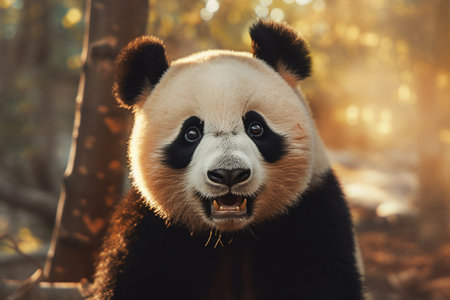 This captivating image features a portrait of a cute panda bear in the midst of a lush forest. The panda's adorable features and gentle gaze immediately draw attention and evoke a sense of wonder. Surrounded by the vibrant greenery and towering trees, the panda appears perfectly at home in its natural habitat.の素材