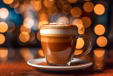 This alluring image captures the essence of pure indulgence - a steaming cup of freshly brewed cappuccino. The aroma of roasted coffee beans fills the air, mingling with the sweet scent of frothy milk. Rising from the cup, delicate wisps of steam create an ethereal atmosphere, adding to the anticipation of the first sip.の素材