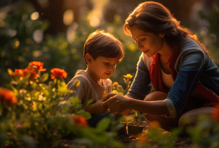 The image features a Hispanic mother with her child, both deeply involved in gardening within a vibrant garden. This scene beautifully showcases their connection and shared enjoyment in nurturing plants, reflecting the valuable lessons and bonding experiences that come with gardening together.の素材