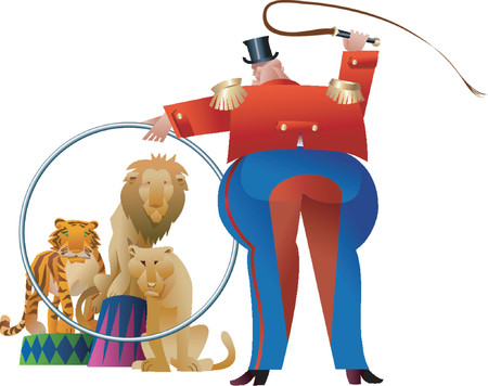 A tamer is making wild beasts jump through his ring.のイラスト素材