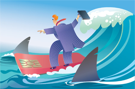 A businessman surfing between sharks.のイラスト素材