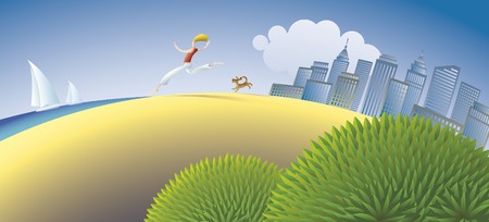 The human and the dog are escaping from the urban life.のイラスト素材