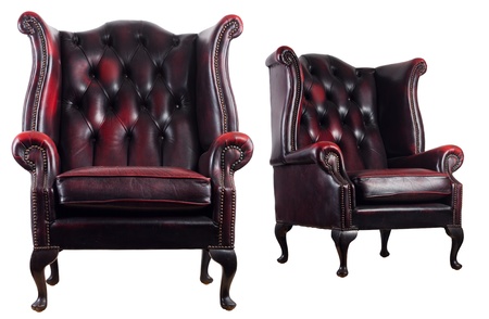 Antique leather armchair isolated on white background の写真素材