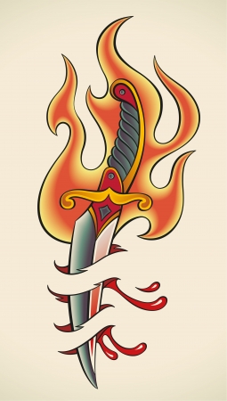 Old-school styled tattoo of a flaming dagger and bleeding fleshのイラスト素材