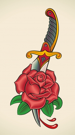 Old-school styled tattoo of a dagger through rose  のイラスト素材