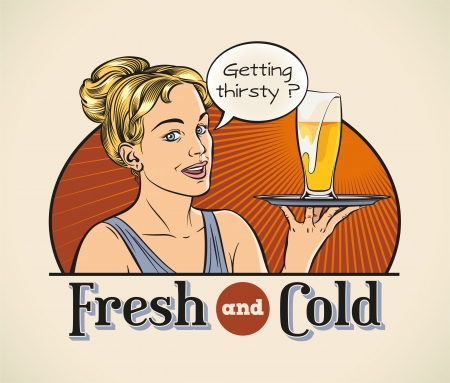 Cute cheerful blonde with a pint of beer on a tray  のイラスト素材