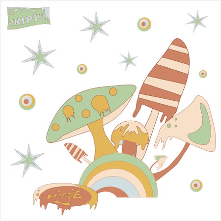 Cartoon funky mushrooms, rainbow, vintage hippy style element vector set. stars, twinkle, rainbow, ball. 1970s Retro 70s 60s Hippie Groovy Flowerのイラスト素材