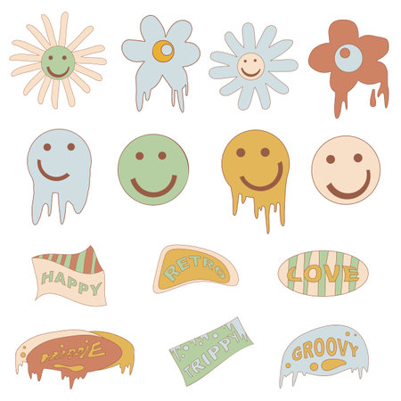 Cartoon funky flowers, vintage hippy style element vector set. Retro 70s 60s Hippie Groovy Flower. Psychedelic vintage smiley stickerのイラスト素材