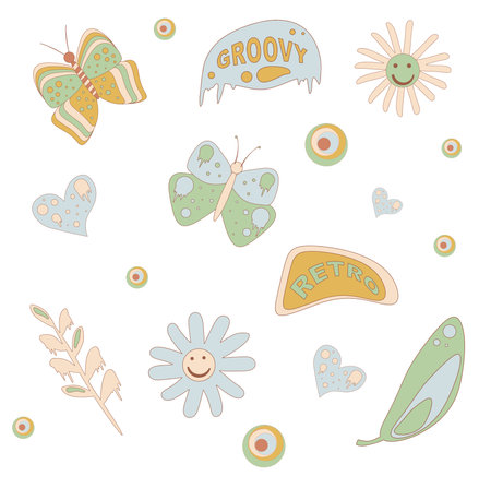 Cartoon funky flowers, vintage, butterfly retro 70s 60s Psychedelic vintage smiley stickerのイラスト素材
