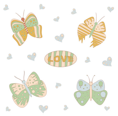 butterfly retro 70s 60s Psychedelic vintage smiley sticker. Cartoon funky vintageのイラスト素材