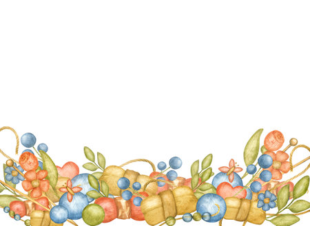 Watercolor illustration of knitting and crochet. Yarn square frame. Skeins, balls of wool of different colors.の写真素材