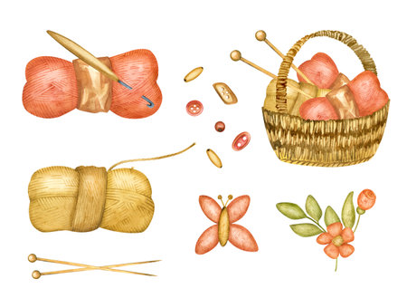 Knitted basket with balls of wool. Watercolor hand drawn illustration. Crochet tools, wooden needle, balls of wool, skein. Hand clipart, isolated element for Knitter blog, Needlework shop, Yarn shopの写真素材