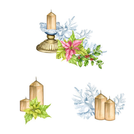 Watercolor drawing by hand. Christmas bouquet composition of holly, poinsettias, fir tree, candles, star, barberry and saw cut tree. Artistic creative realistic object for sticker, wallpaper, florist, notebook, holiday, packaging.の写真素材
