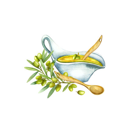 Hand drawing in watercolor, olive branch with berries, fruits, oil in a bowl.の写真素材