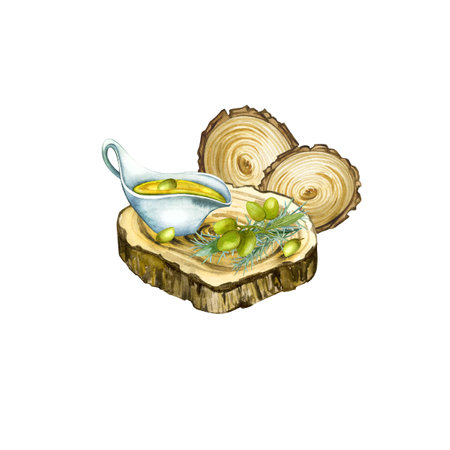 Hand drawn watercolor painting, olive branch and oil in a bowl. olive berries on a wooden tray. tree felling.の写真素材