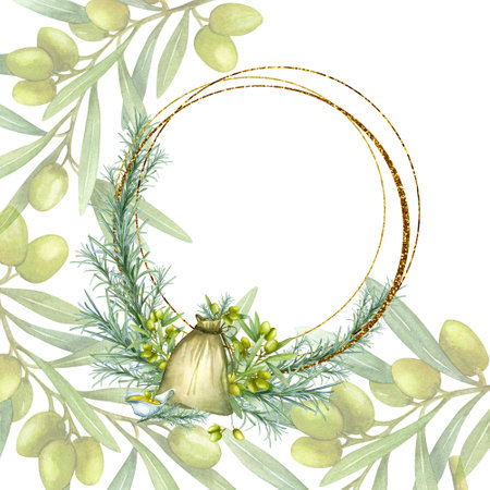 Olive branch with fruits, Watercolor illustration. Green branch.の写真素材