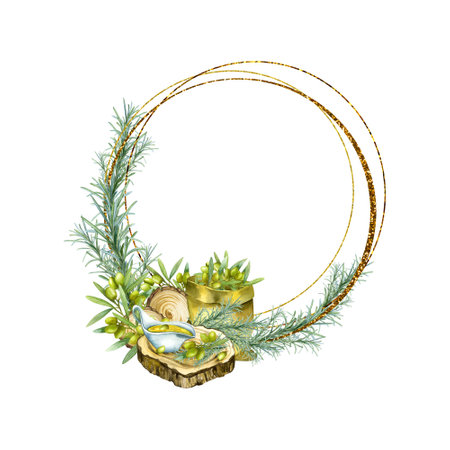 Olive branch with fruits, Watercolor illustration. Round frame with gold. Green branch.の写真素材
