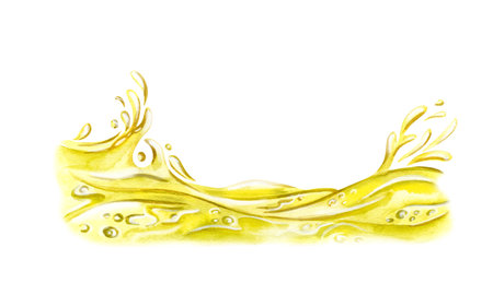 Flow and splash of oil, splashes and drops of juice. Watercolor hand drawn illustration isolated on white. Product design elements, postcards, packaging, fabric, stationery.の写真素材