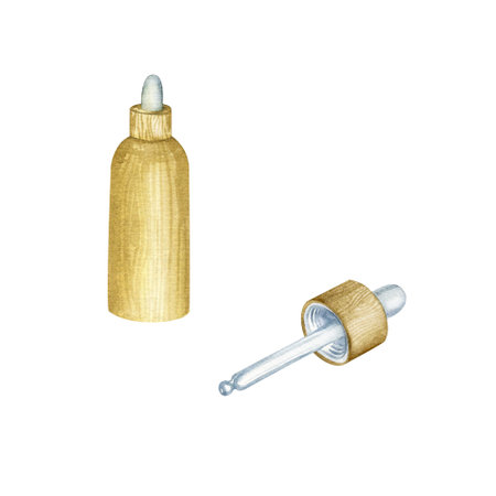 Wooden bottle with a pipette. Small bottle with oil, serum, liquid for cosmetics or treatment. Watercolor hand drawn illustration isolated on white background. Design for product and advertising.の写真素材