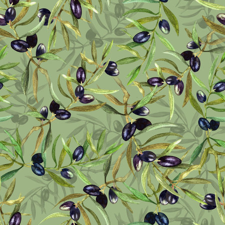 Seamless pattern, endless hand drawing. Olive branches, black berries, juicy fruits of the tree. Design for fabrics, kitchen towels and tablecloths, packaging, wrapping paper, stationery.の写真素材