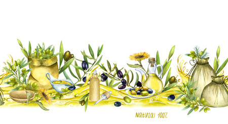 Watercolor endless border, banner, oil splash. Olive branch, black olives and green olives. Realistic liquid waves of yellow water, garlic and lemon, glass bottle. Design for kitchen, apron, fabric and packagingの写真素材