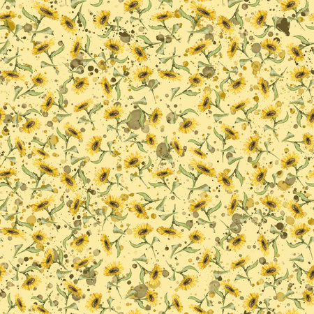 Seamless pattern sunflower flower, yellow flowers and splash drops. Hand drawn watercolor. Design of fabrics, kitchen towels and tablecloths, packaging.の写真素材