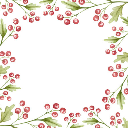 Twig with red berries, watercolor drawing. Frame, border, background. Stylized pink berries, twig with leaves. Design for packaging, postcard, holidayの写真素材