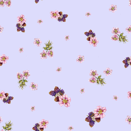 Seamless pattern, watercolor hand drawing, blackberries, berries, flowers and leaves. Pattern for the design of gifts, postcards and packaging, fabric.の写真素材