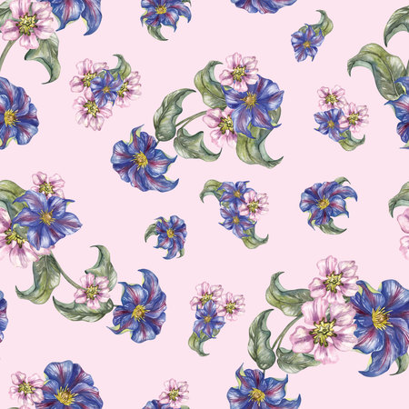 Seamless pattern, watercolor hand drawing, floral print. Blue clematis, pink flowers, cherry, raspberry, blackberry. Pattern for the design of gifts, postcards and packaging, fabric.の写真素材