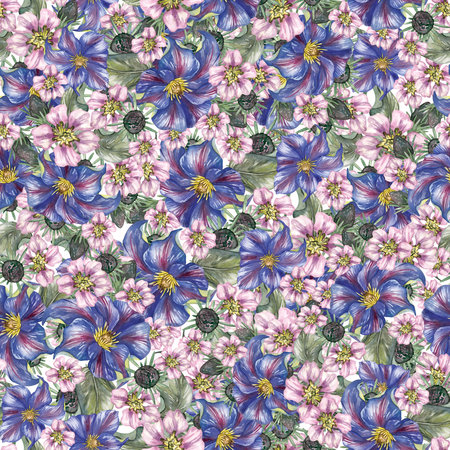Seamless pattern, watercolor hand drawing, floral print. Blue clematis, pink flowers, cherry, raspberry, blackberry. Pattern for the design of gifts, postcards and packaging, fabric.の写真素材
